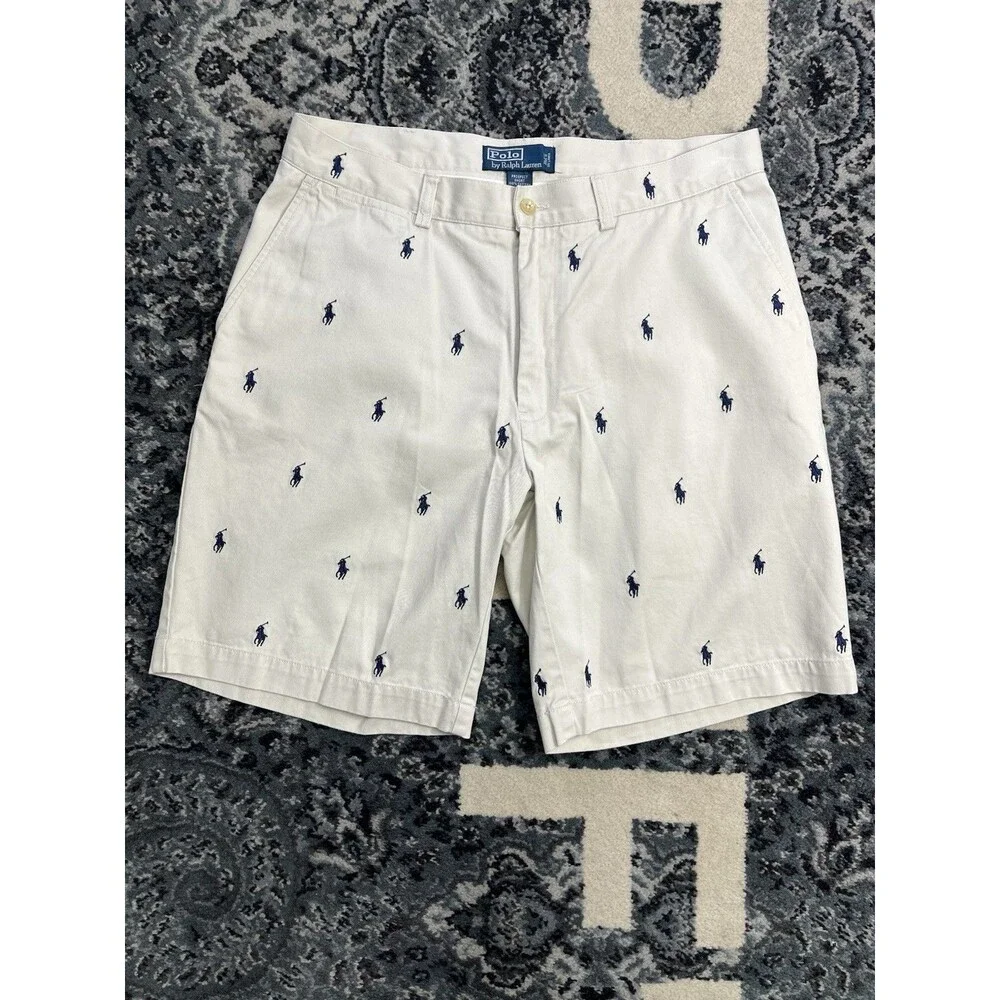 VTG Ralph Lauren Prospect Short Men White Sz 34 All Over Blue Pony Logo Print